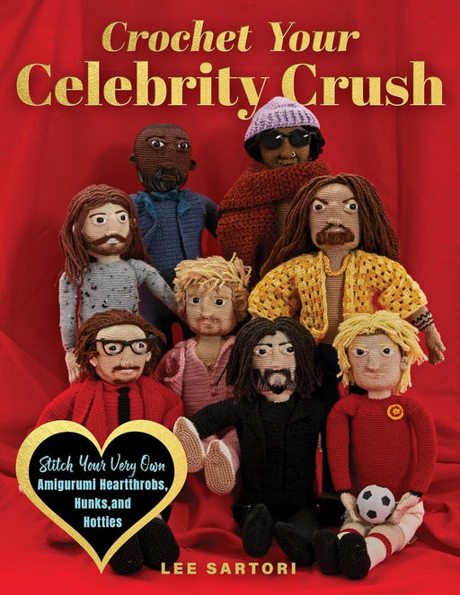 Book cover of 'Crochet Your Celebrity Crush' with crocheted dolls on a red background
