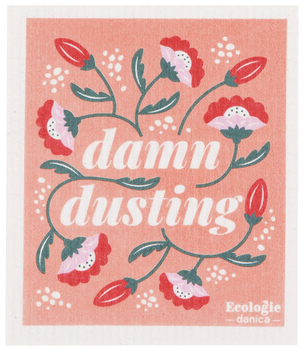Floral design with text 'damn dusting' on a pink background, featuring the brand 'Ecologie danica'.