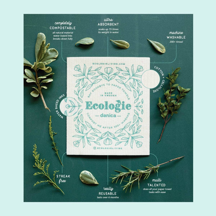 Product packaging for 'Ecologie danica' with green leaves on a teal background
