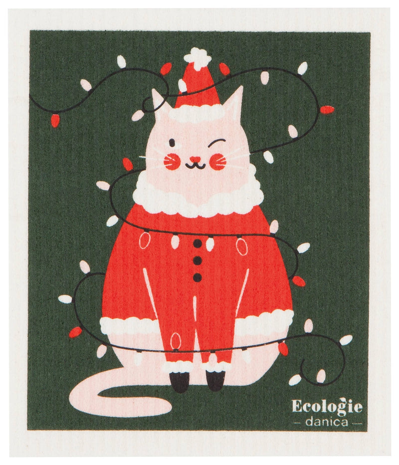 Cat in Santa outfit surrounded by Christmas lights on a green background with 'Ecologie danica' branding.