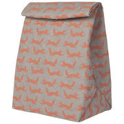 lunch bag with orange fox pattern on gray background