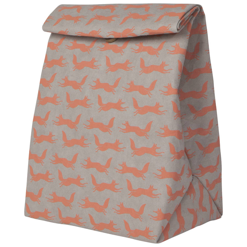 lunch bag with orange fox pattern on gray background