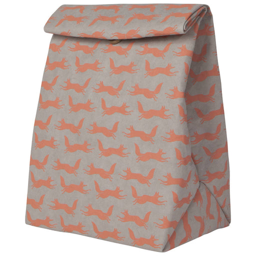 lunch bag with orange fox pattern on gray background
