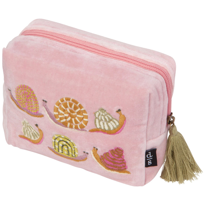 Pink pouch with embroidered snails and a tassel on a white background