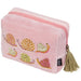 Pink pouch with embroidered snails and a tassel on a white background