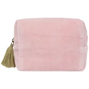 Pink pouch with a green tassel on a white background