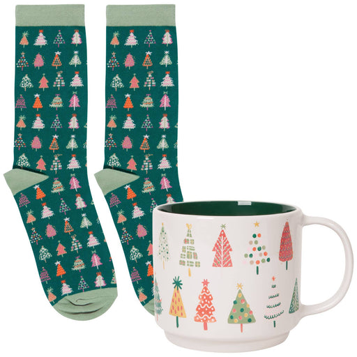 Pair of socks with Christmas tree pattern and a matching mug on a white background