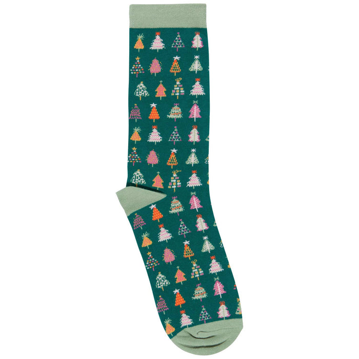 Green sock with colorful Christmas tree pattern on a white background