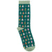 Green sock with colorful Christmas tree pattern on a white background