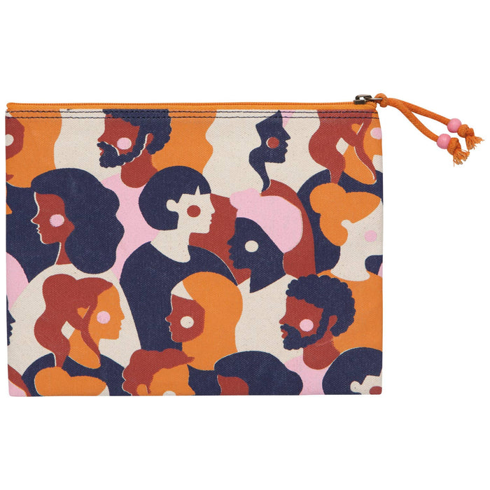 Pouch with a colorful pattern of stylized faces on a white background