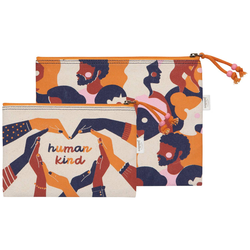 Two pouches with artistic designs of hands and 'human kind' text on a white background