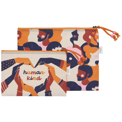 Two pouches with artistic designs of hands and 'human kind' text on a white background