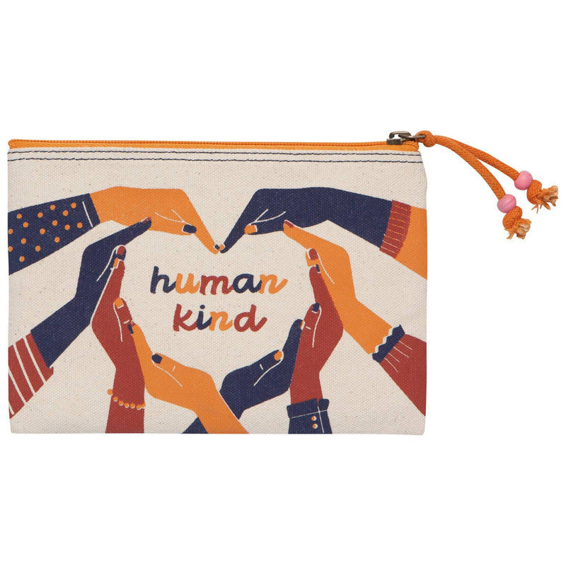 Pouch with colorful hands holding together design and 'human kind' text on a white background