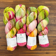 Four skeins of hand-dyed fingering weight yarn in multicolor variegated pattern, with labels 'La Jolla' from Baah Yarn.