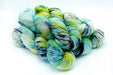 multicolor blue yarn on white background