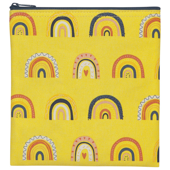 Yellow pouch with rainbow pattern on a white background