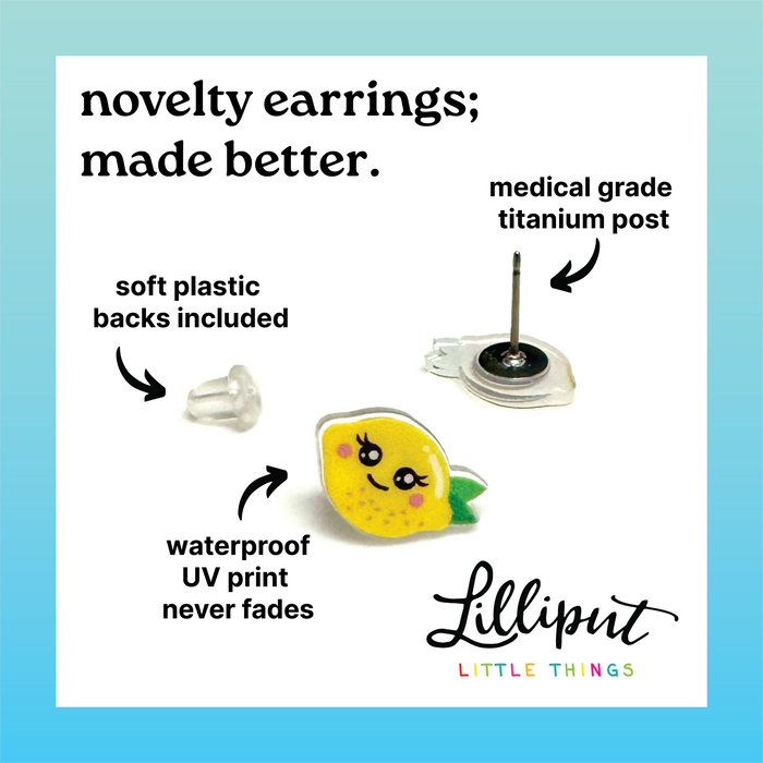 Lemon-shaped novelty earring with features highlighted on a blue background
