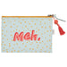 Pouch with 'Meh.' text and polka dot pattern on a light blue background