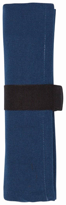 Blue fabric roll with a black strap on a white background