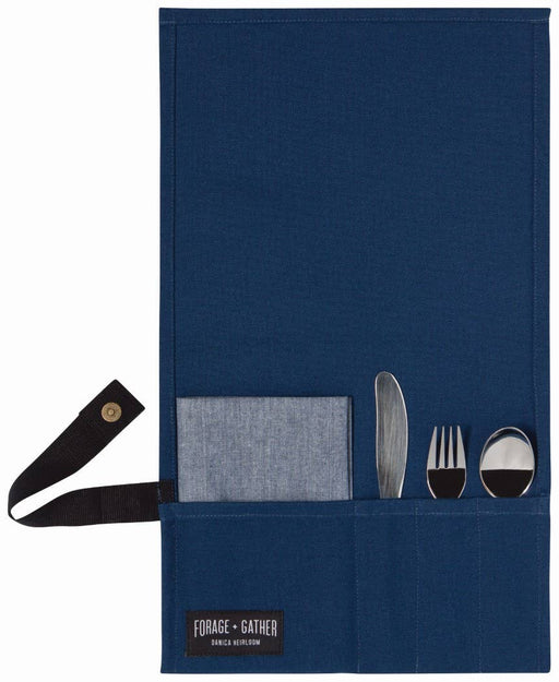 Blue cutlery holder with silverware and a gray napkin, featuring the 'Forage & Gather' brand.