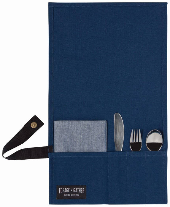 Blue cutlery holder with silverware and a gray napkin, featuring the 'Forage & Gather' brand.