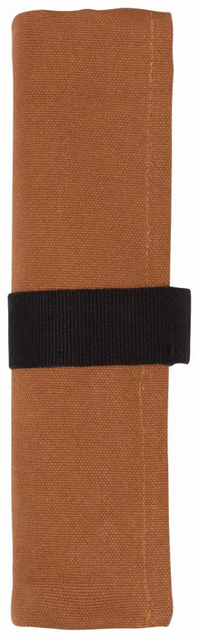 Brown fabric roll with a black strap on a white background