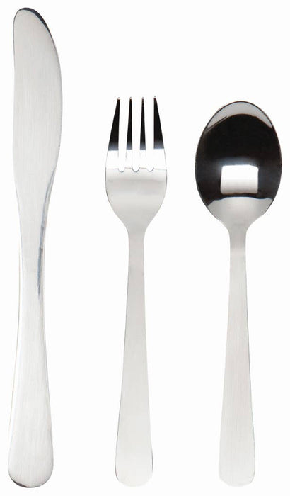 Set of silver cutlery including a knife, fork, and spoon on a white background
