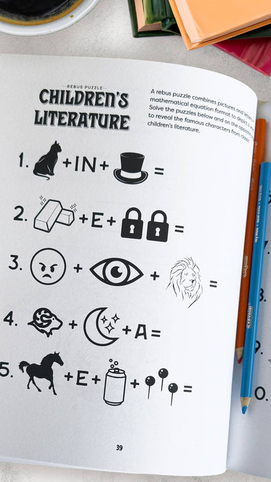 Open book with mathematical puzzles related to children's literature, surrounded by pencils and a coffee cup.