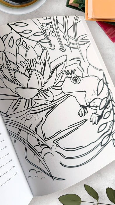 Coloring book page with a black and white illustration of a mouse and flowers on a white surface.