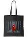Black tote bag with a graphic of a Red Riding Hood in a forest and a wolf.
