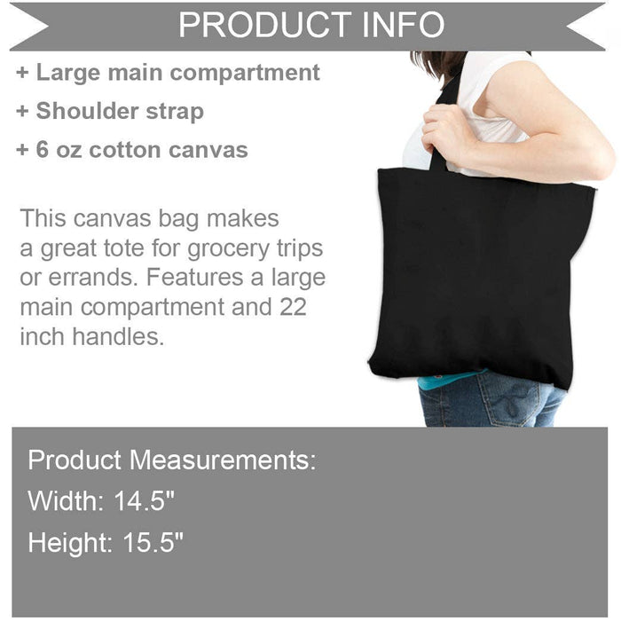 Black tote bag with product information text overlay