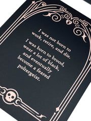 Black card with white text and decorative border on a white background