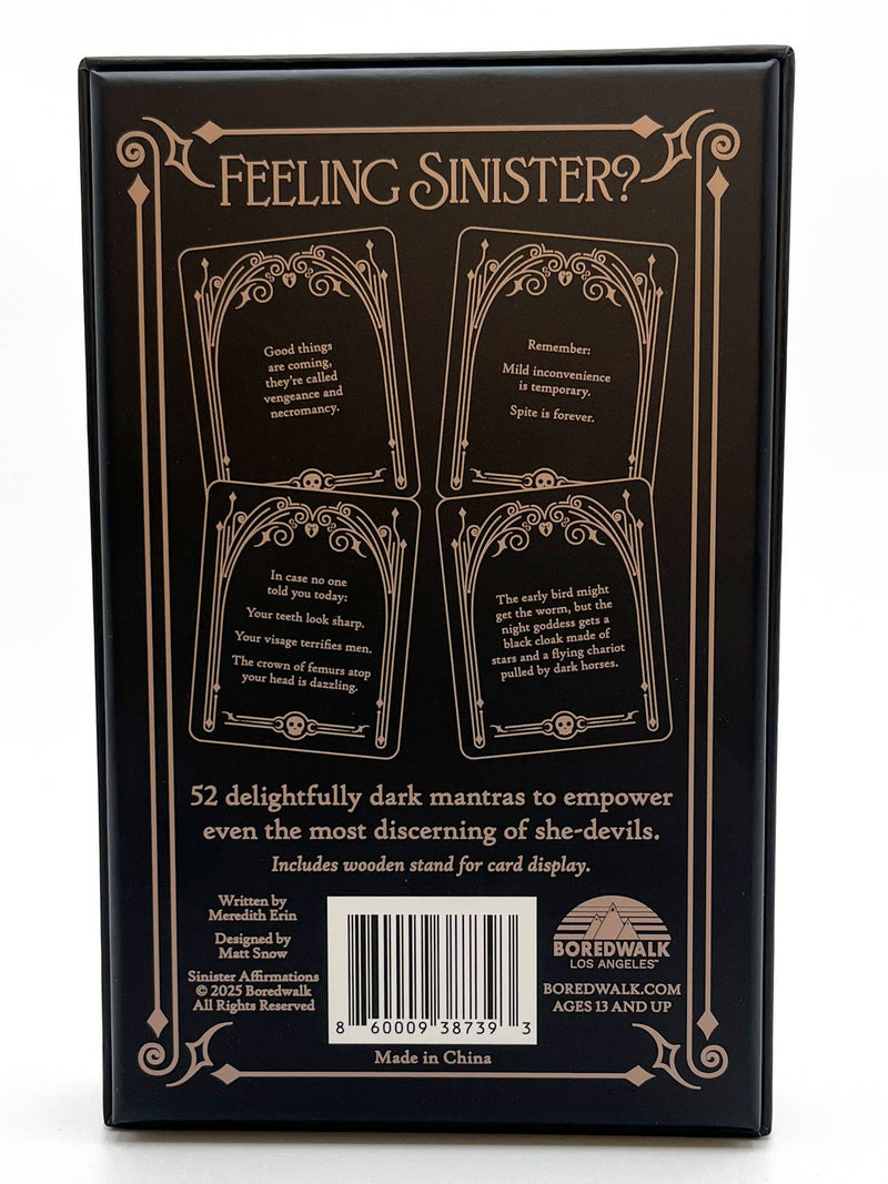 Back of a card game box with decorative text and design elements.