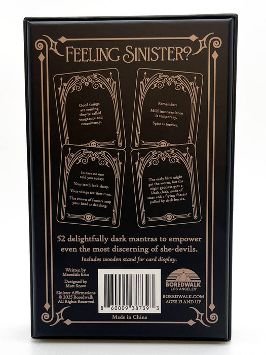 Back of a card game box with decorative text and design elements.