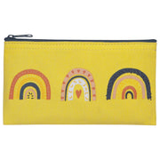 Yellow pouch with rainbow designs on a white background