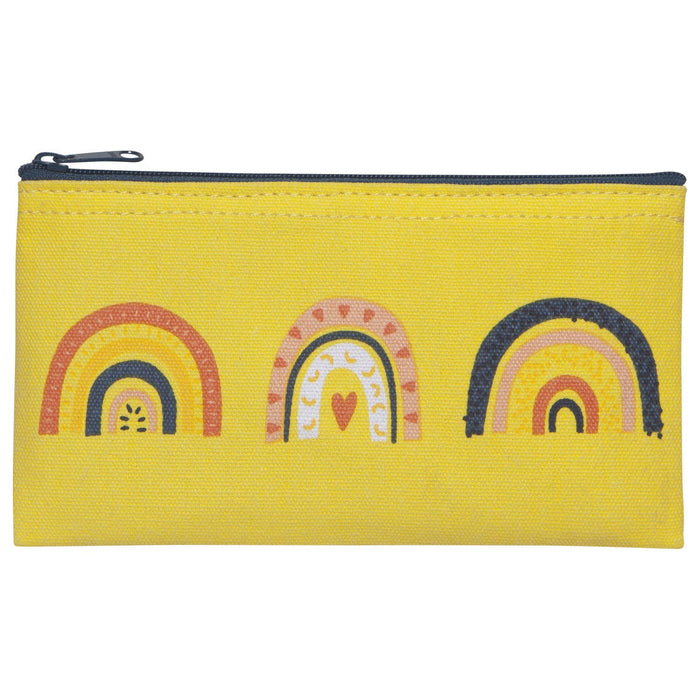 Yellow pouch with rainbow designs on a white background