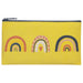 Yellow pouch with rainbow designs on a white background