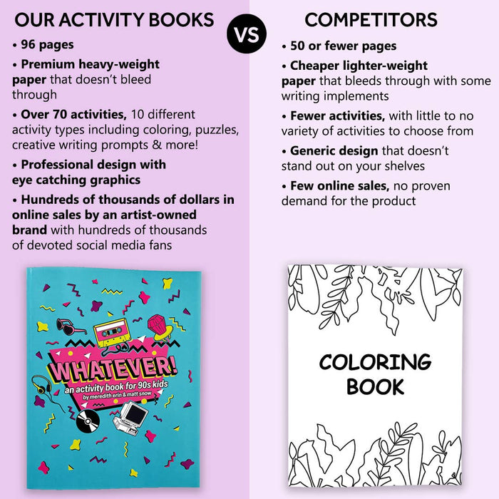 Comparison chart of activity books with a colorful book on the left and a white book with black text on the right, set against a pink background.