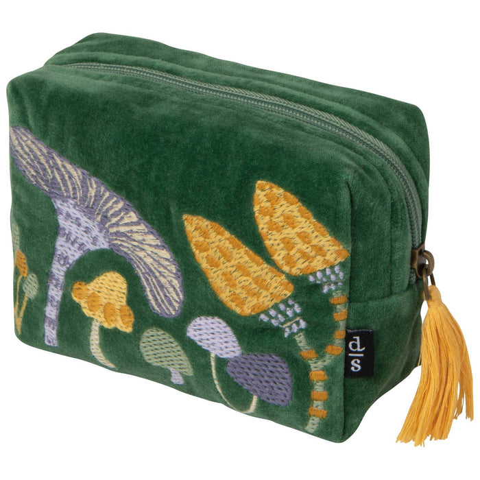 Green pouch with embroidered designs of mushrooms on a white background