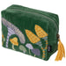 Green pouch with embroidered designs of mushrooms on a white background