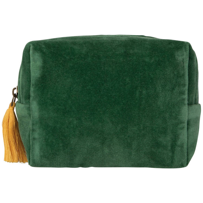 Green velvet pouch with a yellow tassel on a white background